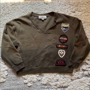 Vintage Havana Olive Green Military Patch V-Neck Sweatshirt
